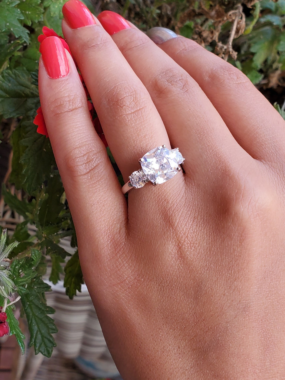 Cushion cut engagement rings 3 stone ring past Present Etsy