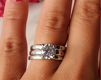 2 ct round engagement ring set, cz ring, silver wedding set, Bridal Ring Set, 3 piece ring, stacking wedding set, classic engagement ring