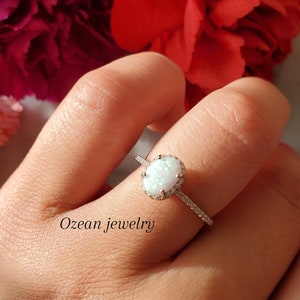 0.75ct oval white opal ring, opal ring, halo cubic zirconia ring, opal engagement ring, gift for her, statement ring, October birthstone