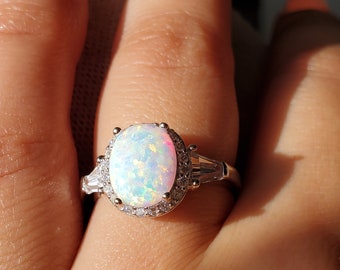 3.87ct oval opal ring, Halo Ring with Synthetic Oval Opal, opal engagement ring, cz wedding band, lucky charm, October birthstone, halo ring