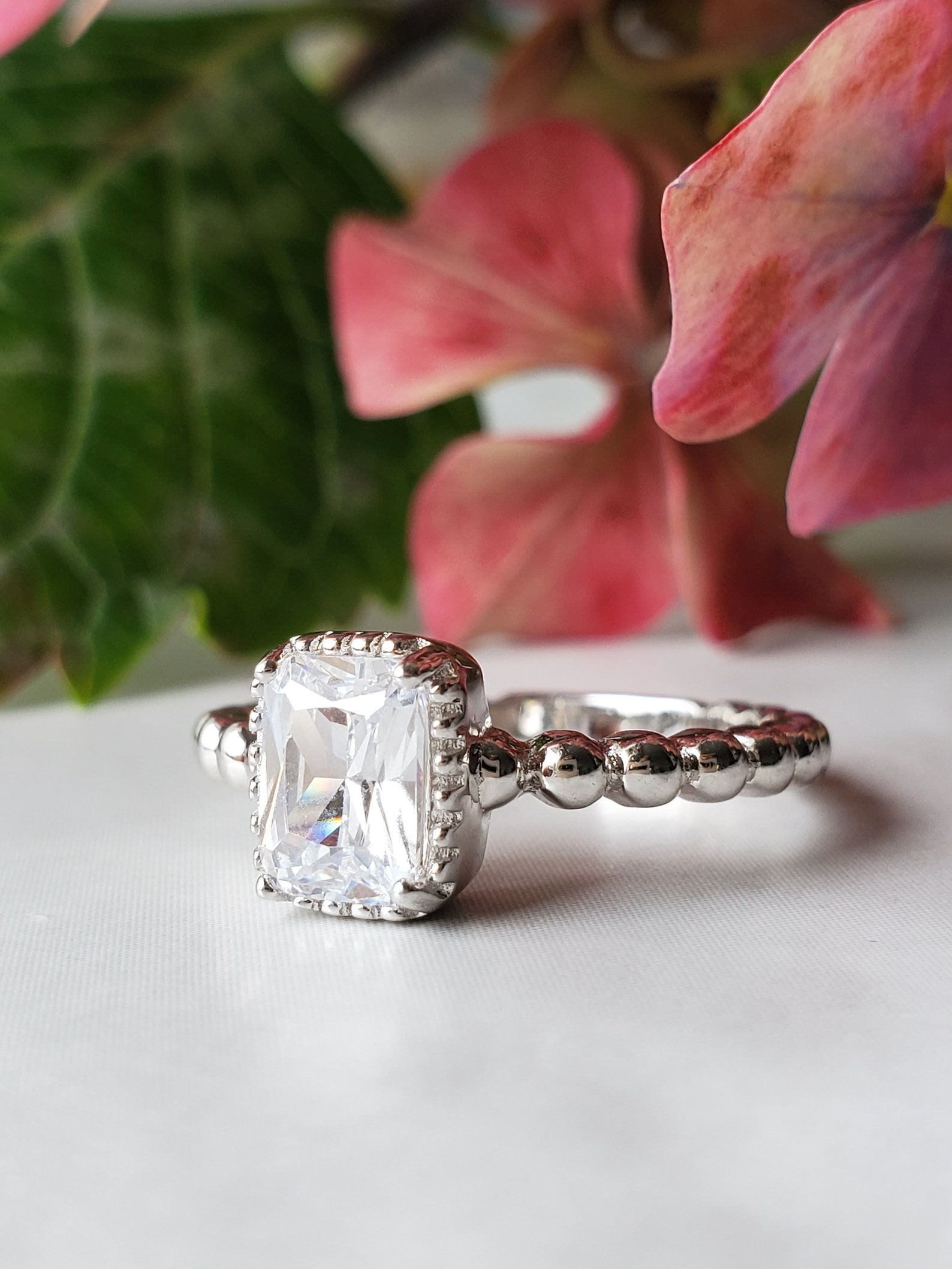 April birthstone ring Beaded Shank Square Center Birthstone Etsy