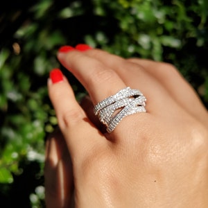 criss cross simulated diamond ring, COCKTAIL RING ,cross over ring, multilayer ring, cz wedding band, pave wedding band, 14k white gold ring