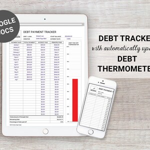 Puede incluir: Una tableta digital y un teléfono inteligente muestran una hoja de cálculo con un rastreador de pago de deudas. La hoja de cálculo incluye columnas para la fecha de pago, el pago total, los intereses pagados, el principal pagado y el termómetro de pago de la deuda. La hoja de cálculo se titula "Rastreador de pago de deudas". La pantalla del teléfono inteligente muestra una hoja de cálculo similar titulada "Rastreador de pago de deudas". El texto "RASTREADOR DE DEUDAS con actualización automática del TERMÓMETRO DE DEUDAS" se muestra encima de la tableta y el teléfono inteligente.