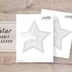 May include: Two printable sheets with a black and white star-shaped habit tracker. The text "monthly habit tracker" is at the top of each sheet.
