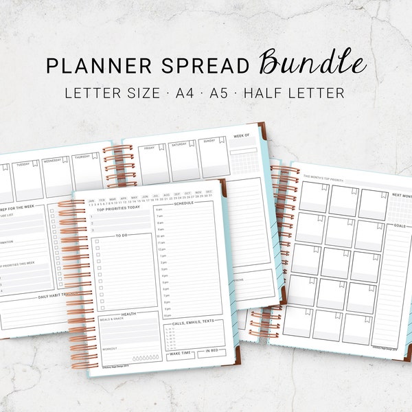 Planner Spread BUNDLE with Daily Insert, Weekly Spread, and Monthly Spread (Letter, A4, A5, and Half Letter Size)