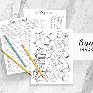 May include: Printable book tracker with a black and white illustration of a stack of books and scattered open books. The text "Book Tracker" is written in black at the bottom of the page.