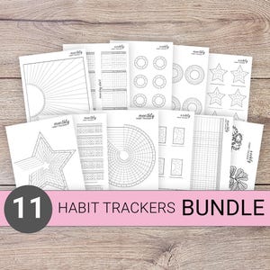 May include: A set of 11 printable habit tracker templates in black and white. The templates feature various designs, including stars, circles, and grids. The text "11 HABIT TRACKERS BUNDLE" is printed at the bottom of the image.