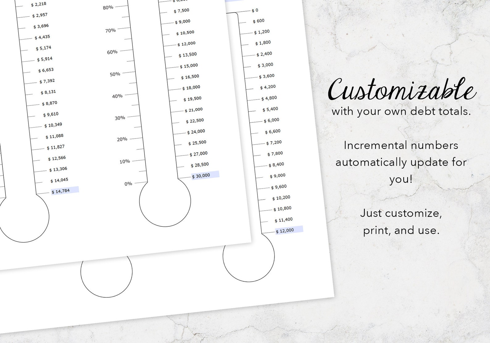 3 Debt Thermometers, Printable Etsy