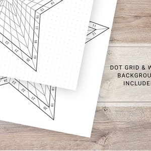 May include: A black and white printable dot grid with a star shape design. The star is divided into sections with numbers from 11 to 26. The text "DOT GRID & WHITE BACKGROUND INCLUDED" is at the bottom of the page.