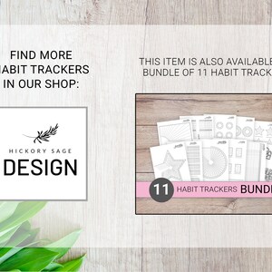 May include: A bundle of 11 printable habit trackers, featuring a variety of designs, including a star, a circle, and a spiral. The bundle is available for purchase and includes the text "11 Habit Trackers Bundle".