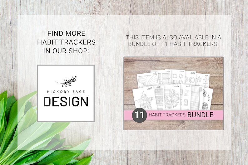 May include: A bundle of 11 printable habit trackers, featuring a variety of designs, including a star, a circle, and a spiral. The bundle is available for purchase and includes the text "11 Habit Trackers Bundle".