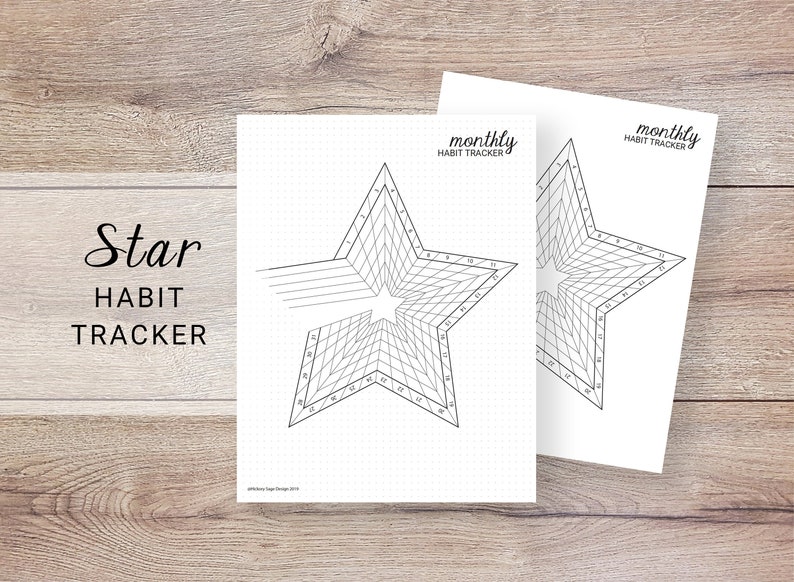 May include: Two printable sheets with a black and white star-shaped habit tracker. The text "monthly habit tracker" is at the top of each sheet.