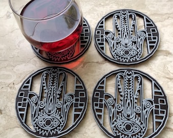 Set von 4 Untersetzer mit Ständer, Tabletop Schutz für Tassen & Tassen, Büro, handgefertigter Untersetzer, Hamsa Modell