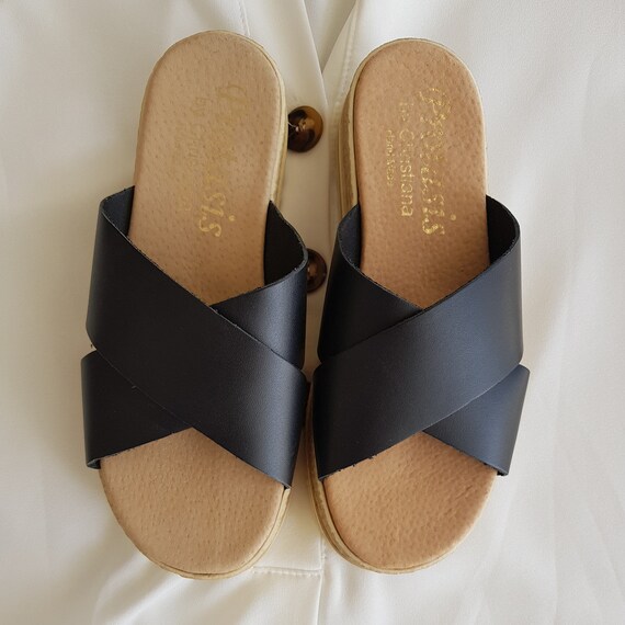 black leather criss cross sandals