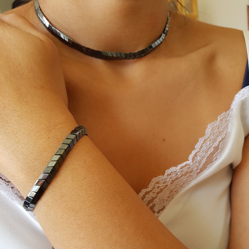 Hematite necklace and bracelet set Hematite necklace Genuine hematite beaded necklace Gun metal hematite Choker necklace Adjustable necklace