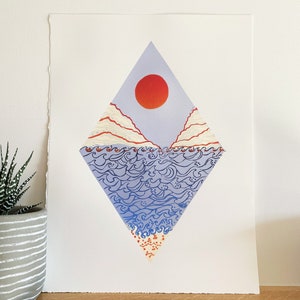 Original limited edition lino print, hand printed lino cut of sun, lake and mountains. Handmade colourful wall art for your home