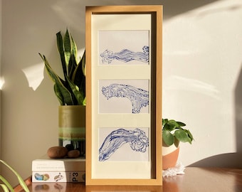 Original Hand Printed Wave Lino Cut: Blue Sea Art (19cm x 14cm)