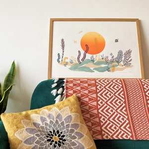 Original limited edition lino print including sun and botanical&#39;s. Hand carved, hand printed lino cut. Colourful wall art for your home.