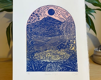 Garden Magic, original limited edition handprinted lino print, block print illustration of landscape, mountains, trees, water in pink/ blue.