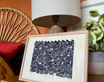 Watching waves, original limited edition lino print, hand printed navy lino artwork of the sea, block print, beach style