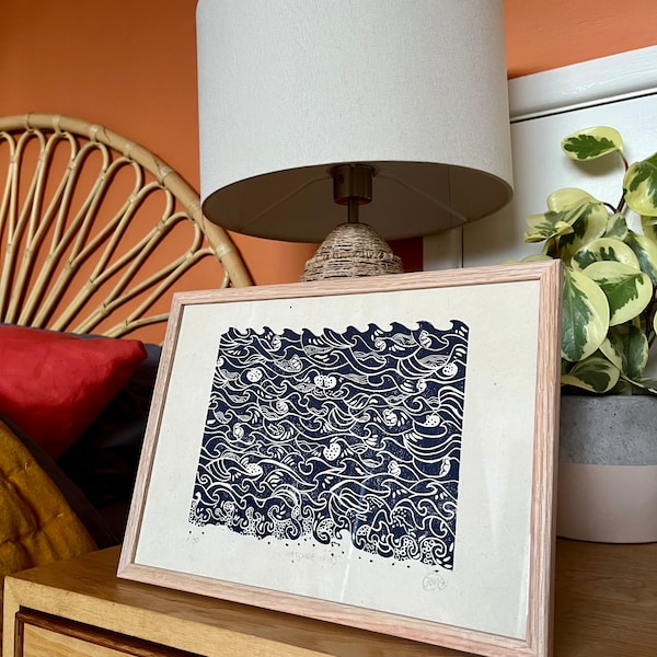 Watching waves, original limited edition lino print, hand printed navy lino artwork of the sea, block print, beach style