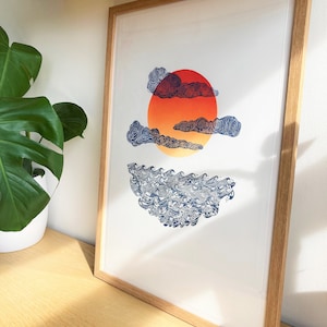 Original limited edition lino print with colourful sun, sea and clouds. Hand carved, hand printed linoprint. Joyful wall art for your home.