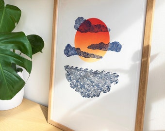 Kolorowy linoryt „Słońce i morze”, limitowana edycja, ręcznie rzeźbiona sztuka ścienna