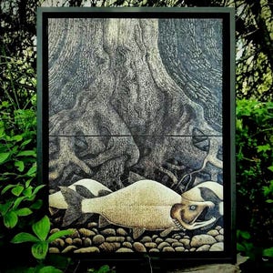Alaska River Salmon Art Print of Wood Carving, Framed Canvas Nature Wall Art, Fishing Cabin Lodge Decor, Flyfishing Outdoorsman Gift for Him