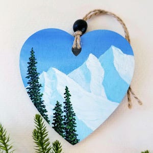 Mountain Snow Heart Ornament, Alaska Original Miniature Paintings, Christmas Gift for the Skier