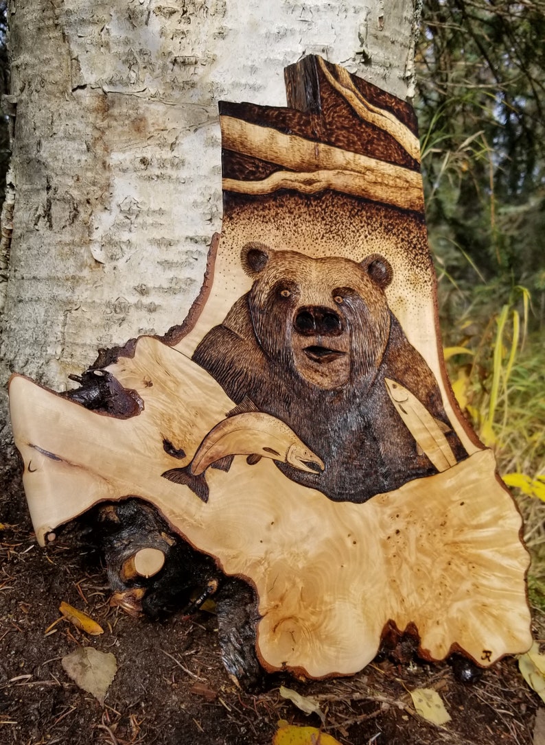 Fishing Bear Carved Wood Burning Wall Art Sculpture Original | Etsy