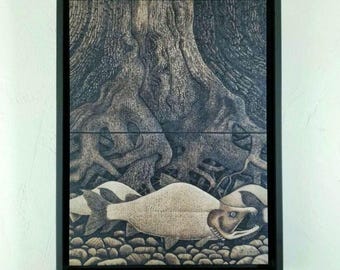 Alaska River Salmon Wall Art: Framed Canvas Print of Wood Carving, Fishing Cabin Decor