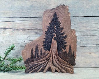 Redwood Tree Hand Carved Wood Spirit, Miniature Nature Art Sculpture, Rustic Forest Cabin Decor