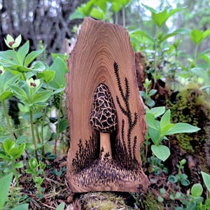 Hand Carved Morel Mushroom, Mini Original Wooden Art Sculpture, Rustic Forest Decor