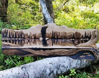 Eagle & Lake Carved Wood Wall Art Live Edge Sculpture, Alaska Original Art, Nature Inspired Art, Water Reflection Landscape, Cabin Decor