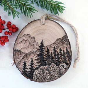 Mountain Nature Art Christmas Ornament, Wilderness Landscape, Handmade Wooden Keepsake Holiday Gift