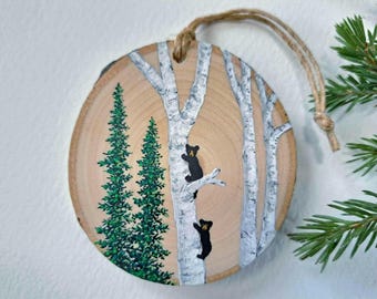 Baby Bear Cubs Wood Ornament, Alaska Art, Original Tiny Painting, Woodland Forest Animal Decor