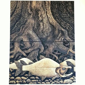 Impression d'art saumon de gravure sur bois sculpté originale, art mural poisson, décoration de cabane et de lodge, art de l'Alaska, art de la nature, cadeau de pêche pour lui