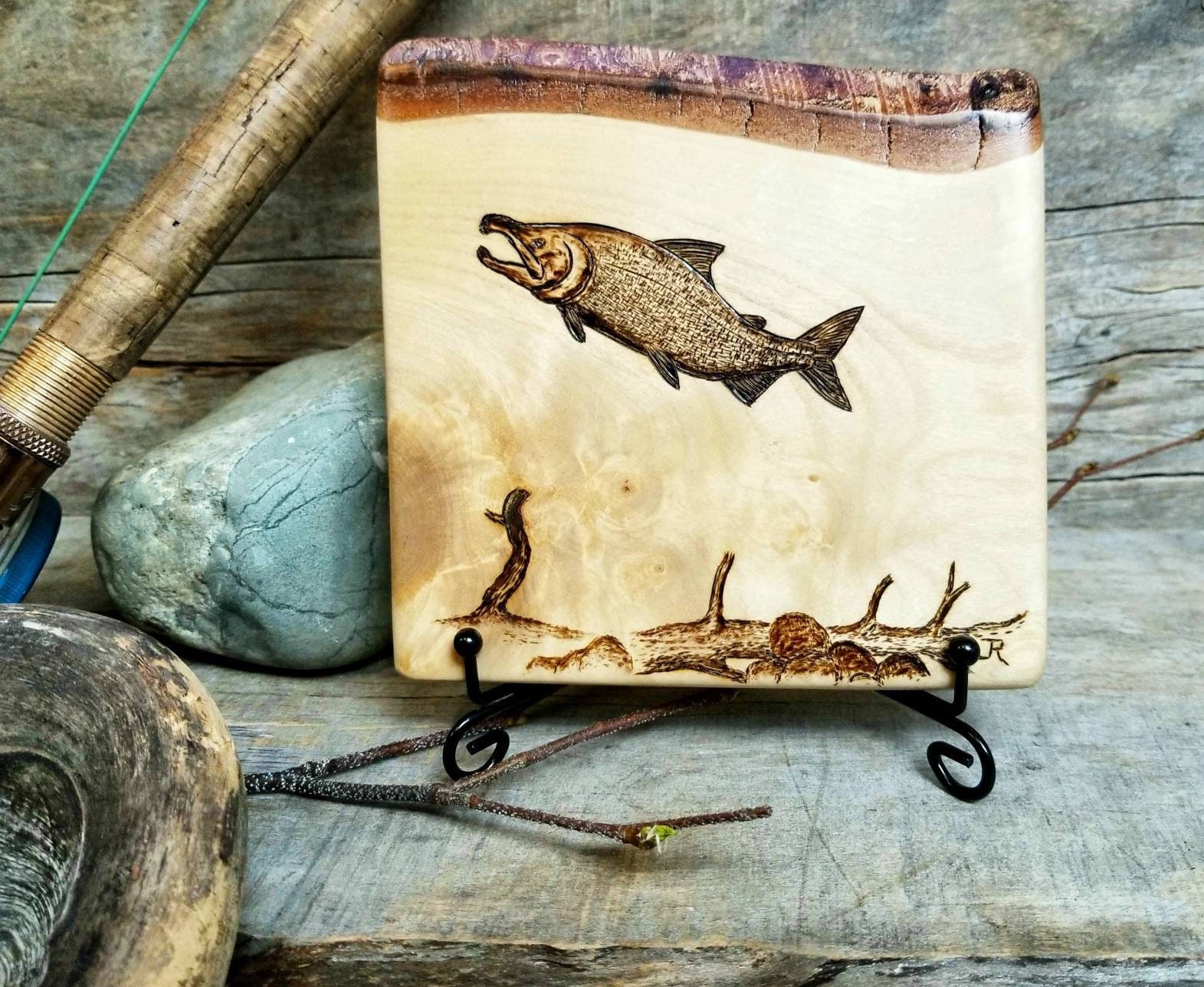 Salmon Art on Wood, Fishing Gift, Cabin Mantle & Shelf Decor