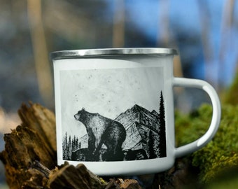 Mountain Bear Camping Mug, Alaska Art, Metal Enamel Coffee Cup, Backpacker Hiking Gift, Nature Gift, Forest Animal Art, Cabin Kitchen Gift