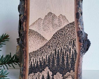 Carved Wood Mountain Landscape Sculpture, Rustic Miniature Original Nature Pyrography Art