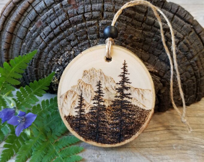 Rustic Wood Mountain Art Ornament Gift, Alaska Landscape Wood Burning