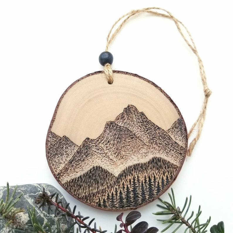 Rustic Mountain Decor Ornament, Original Art on a Birch Wood Slice