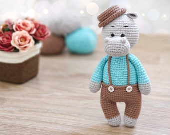 Amigurumi hippo toy crochet pattern , plush animals toys, retro handmade toy