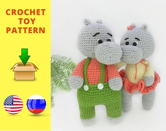 Crochet Hippo Amigurumi Pattern: Couple Stuffed Toy (PDF)