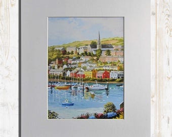 Impresión artística de Crosshaven (Cork Occidental): Pintura al gouache del puerto de Cork de Anna O'Hara / Pueblo costero irlandés con yates de vela