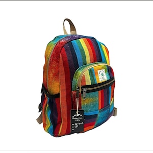 Handmade Mini Hemp Backpack: Rainbow Boho Travel Bag