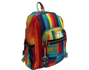 Handmade Mini Hemp Backpack: Rainbow Boho Travel Bag