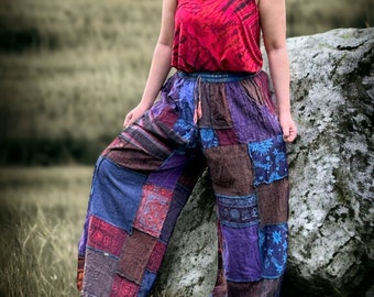 Handgemaakte patchwork katoenen palazzo-broek: boho-hippiestijl