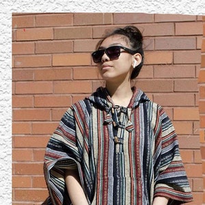 Handmade 100% Cotton Poncho Mexico Nepal - Reversible Blanket Poncho | Boho Hippie Poncho Cover | One Size | Unisex Design Reversible Poncho