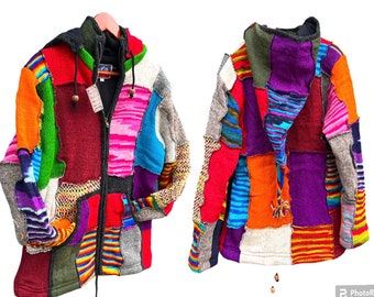 Patchwork Knitted Wool Fleece Lined Warm Hippy Hoodie Winter Jacket Coat Cozy Warm Hippie Nepali Jumper Rainbow Zip